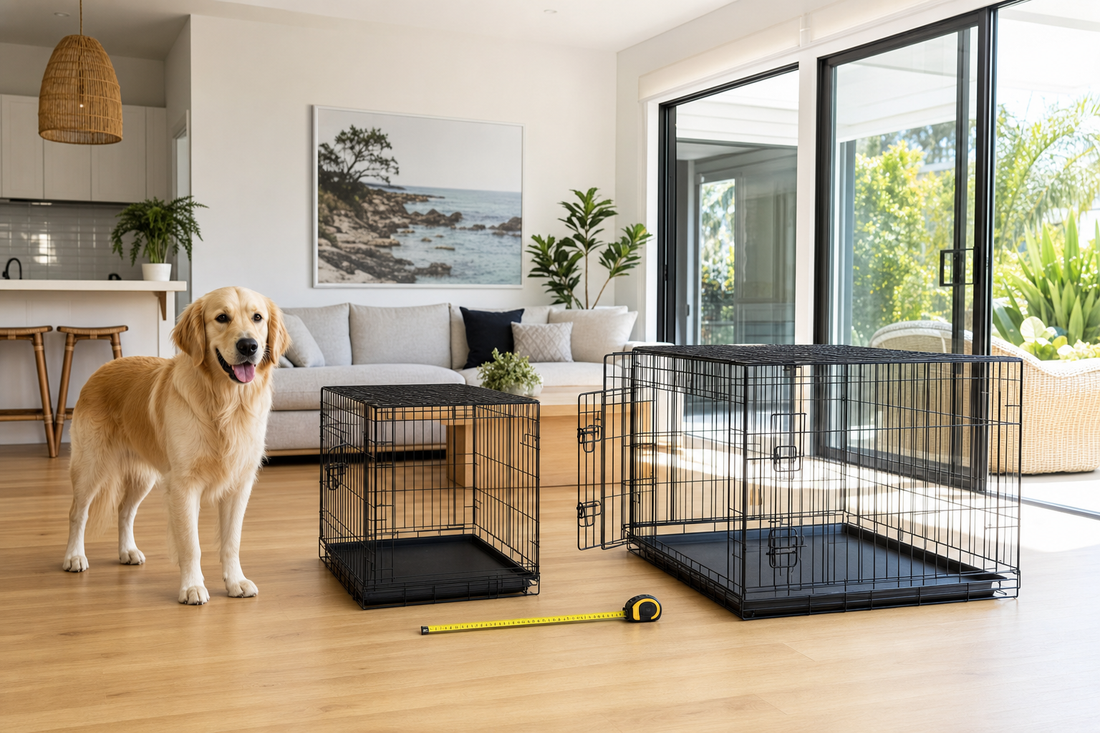 Large dog beside 107 cm and 122 cm style wire crates with a measuring tape in an Australian home