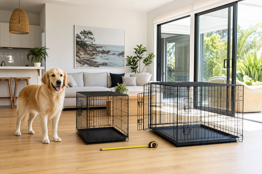 Large dog beside 107 cm and 122 cm style wire crates with a measuring tape in an Australian home