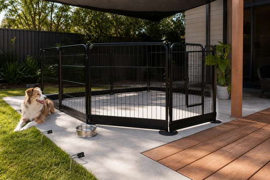 Dog beside a black metal playpen anchored across grass, concrete and decking in a shaded Australian backyard
