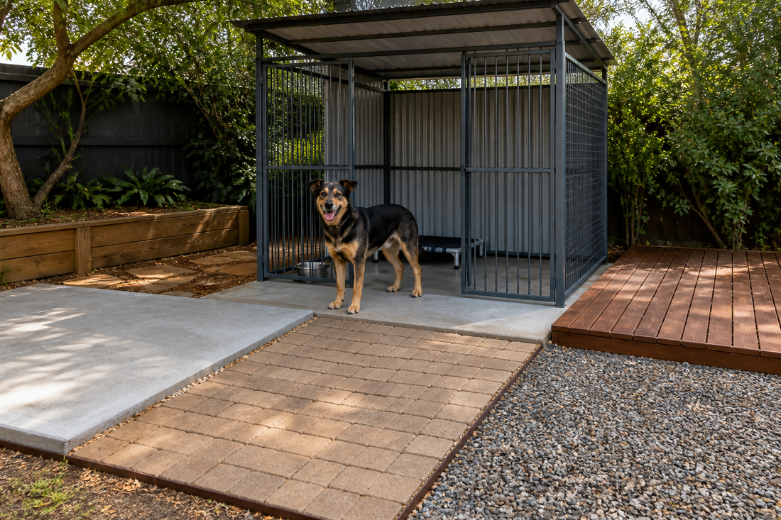 Dog beside an outdoor kennel on concrete, pavers, timber and gravel base options in a shaded Australian backyard