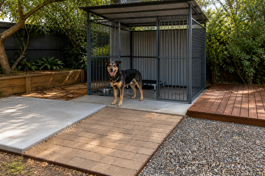 Dog beside an outdoor kennel on concrete, pavers, timber and gravel base options in a shaded Australian backyard