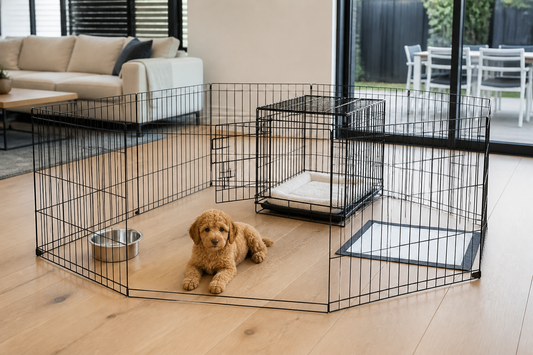 Puppy resting in a metal playpen with an open crate, water bowl and separate toilet pad in an Australian home