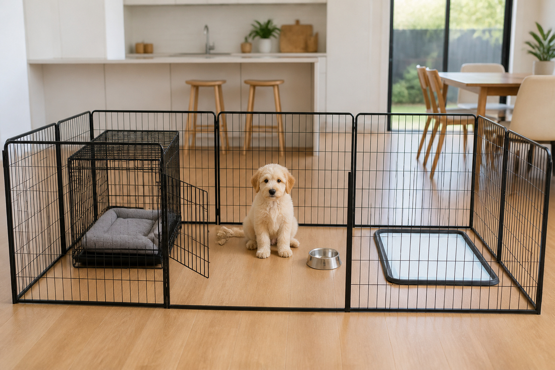 Puppy in a black playpen with an open crate, water bowl and toilet pad in a bright Australian home