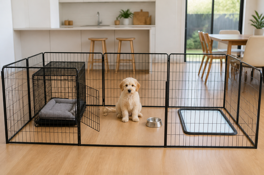 Puppy in a black playpen with an open crate, water bowl and toilet pad in a bright Australian home