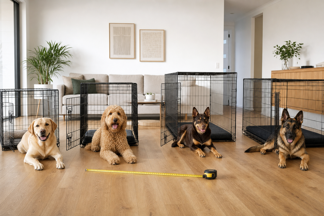 Labrador, Groodle, Kelpie and German Shepherd beside open dog crates with a measuring tape in an Australian home