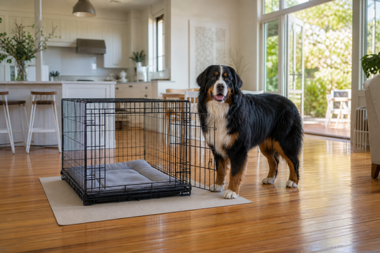 Large dog beside a correctly sized open crate in a bright Australian home