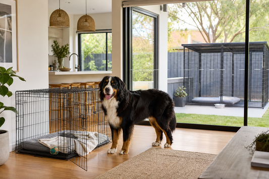 Large dog beside an open indoor crate with an outdoor kennel visible in a bright Australian home