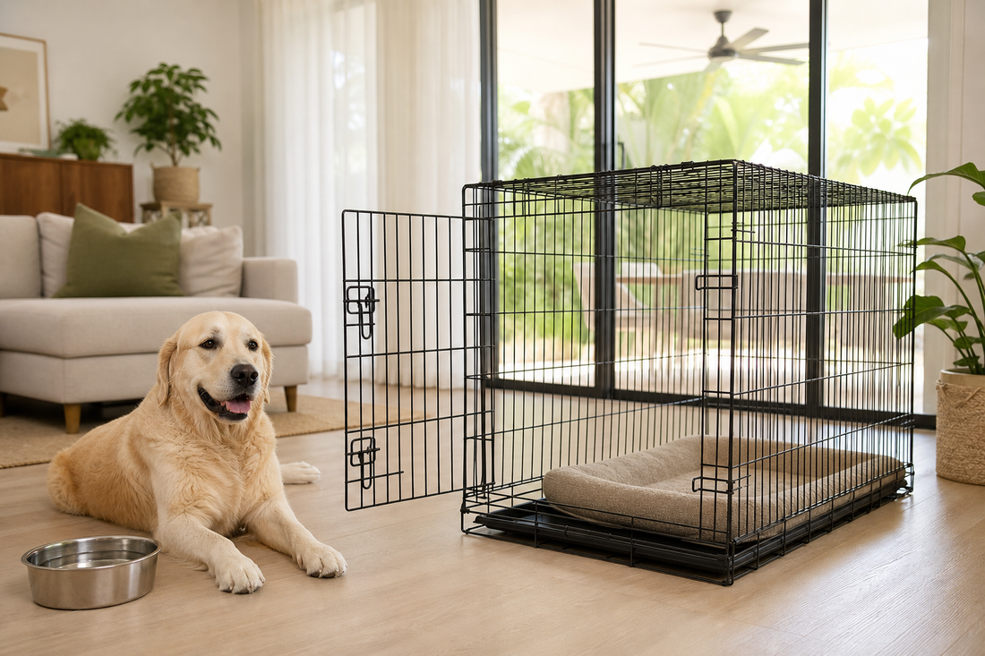 Large dog beside an open ventilated wire crate in a bright shaded Australian living room