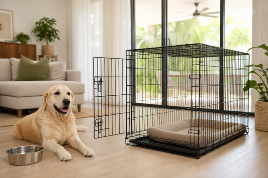 Large dog beside an open ventilated wire crate in a bright shaded Australian living room