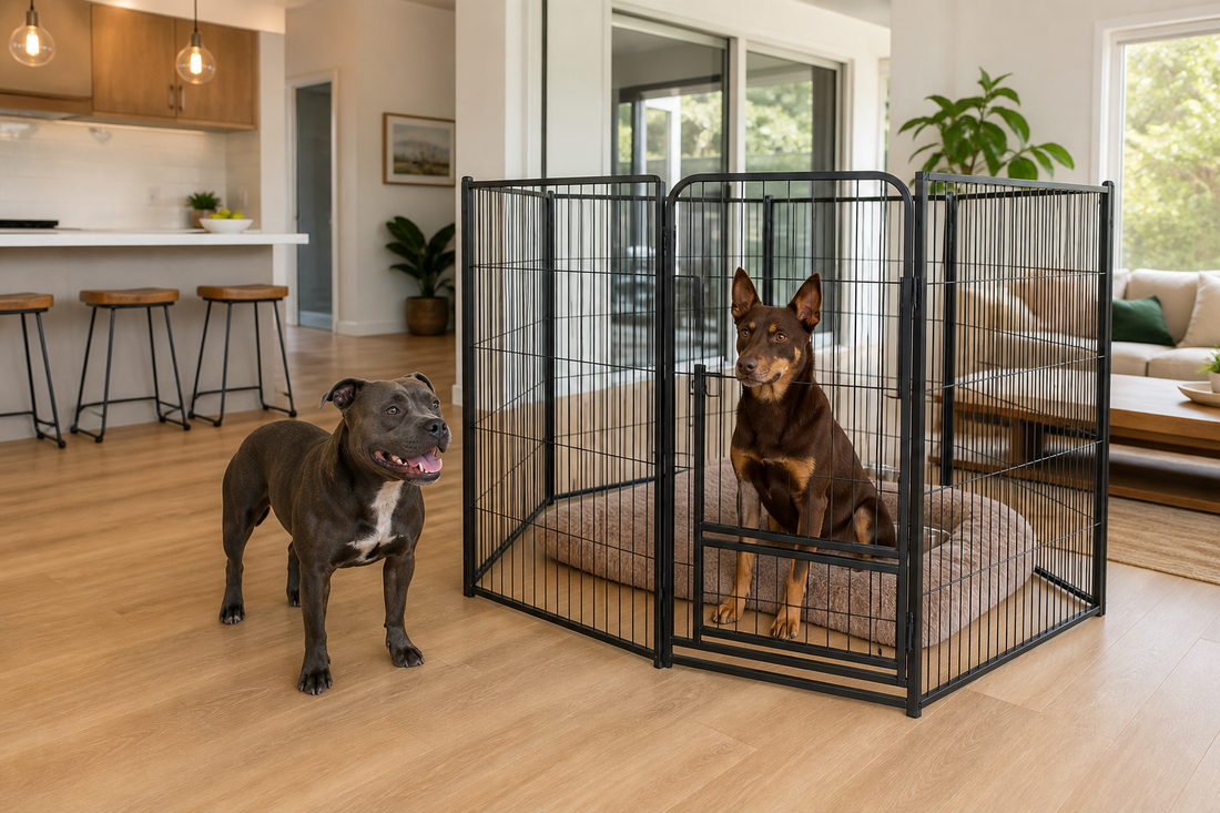 Kelpie and Staffy beside a tall secure dog playpen in a bright Australian home