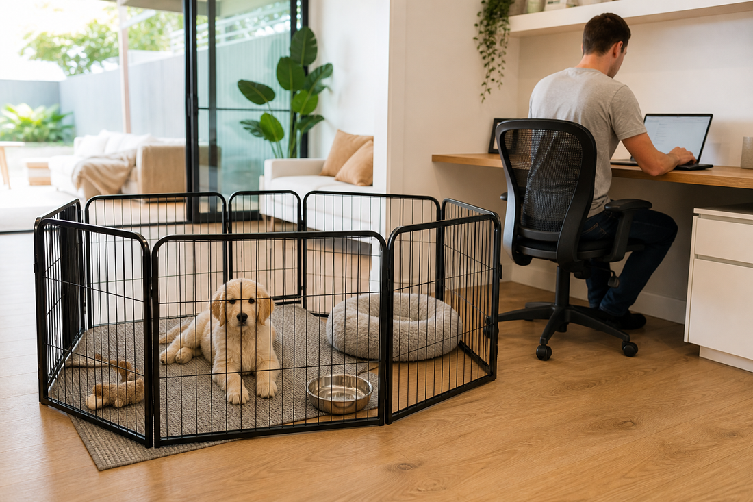 Puppy resting in a black playpen near a home workspace in a bright Australian open-plan home