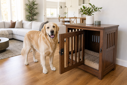 Large dog beside an open furniture-style wooden crate in a bright Australian living room