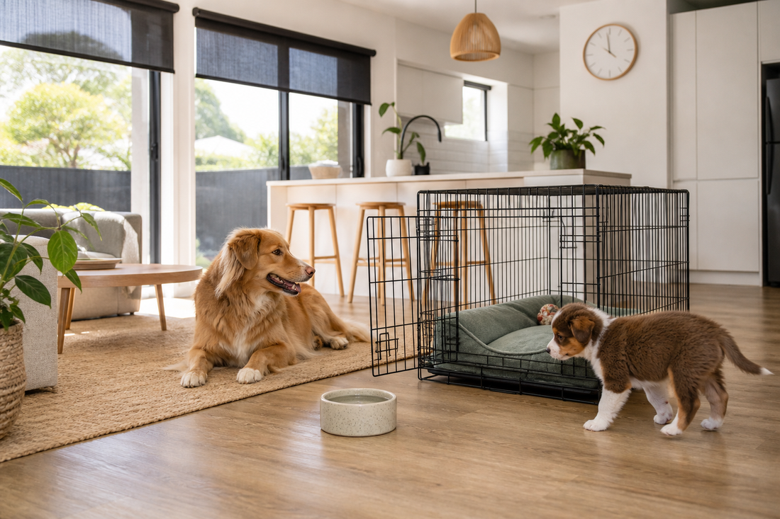 Adult dog and puppy beside an open wire crate in a shaded Australian open-plan home