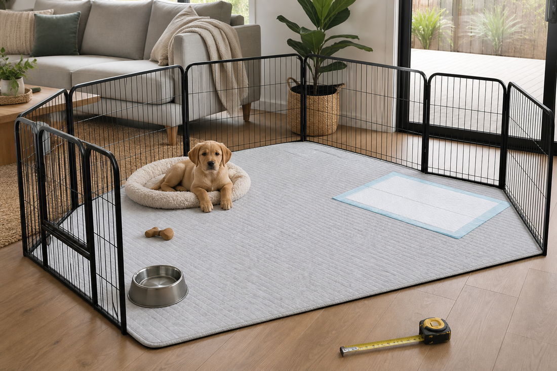 Puppy resting in a spacious indoor playpen with water, mat, toy, toilet pad and measuring tape in an Australian home