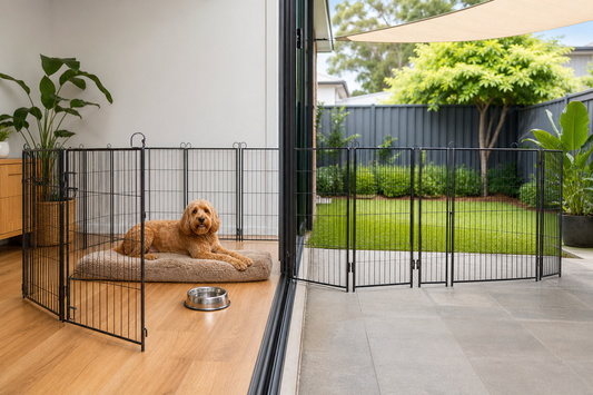 Dog resting safely in a metal playpen between an Australian indoor living area and shaded backyard