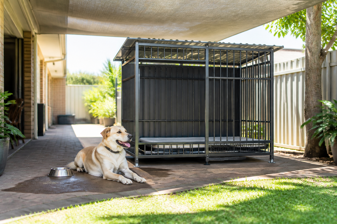 Dog resting beside a shaded outdoor kennel with water during an Australian heatwave