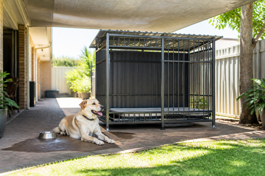 Dog resting beside a shaded outdoor kennel with water during an Australian heatwave