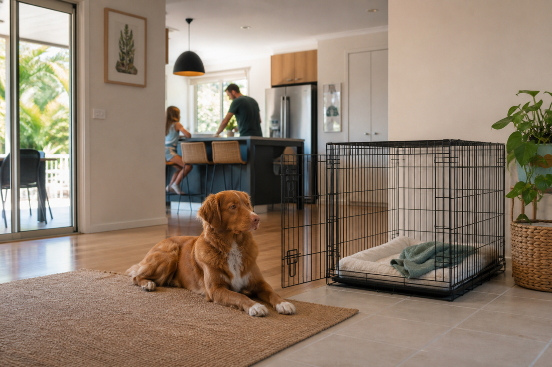 Large dog beside an open wire crate placed away from direct sun in an Australian open-plan home