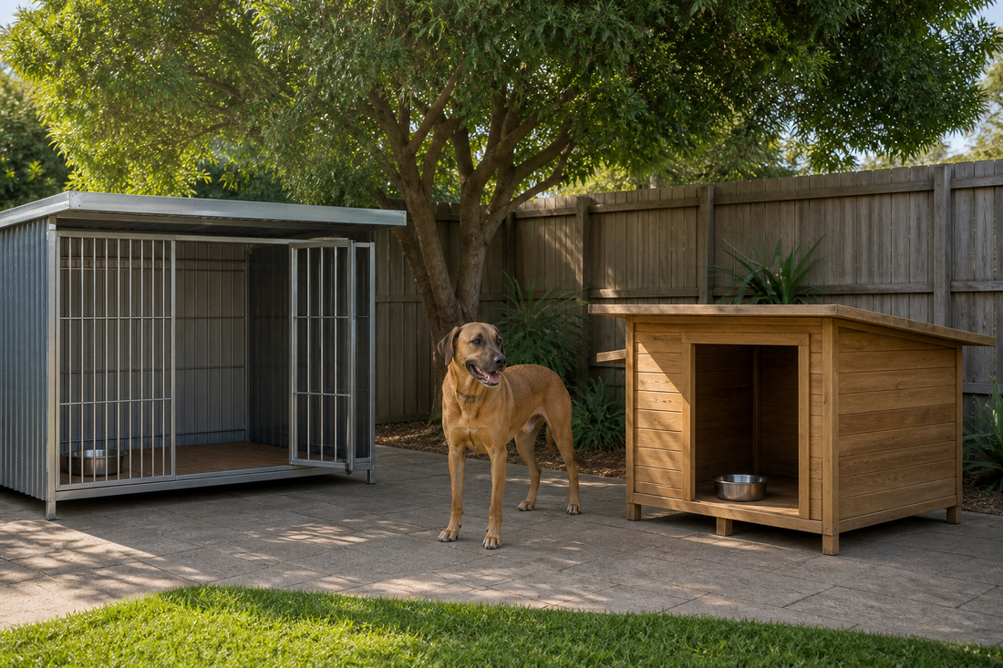 Dog beside metal and wooden kennels in a shaded Australian backyard