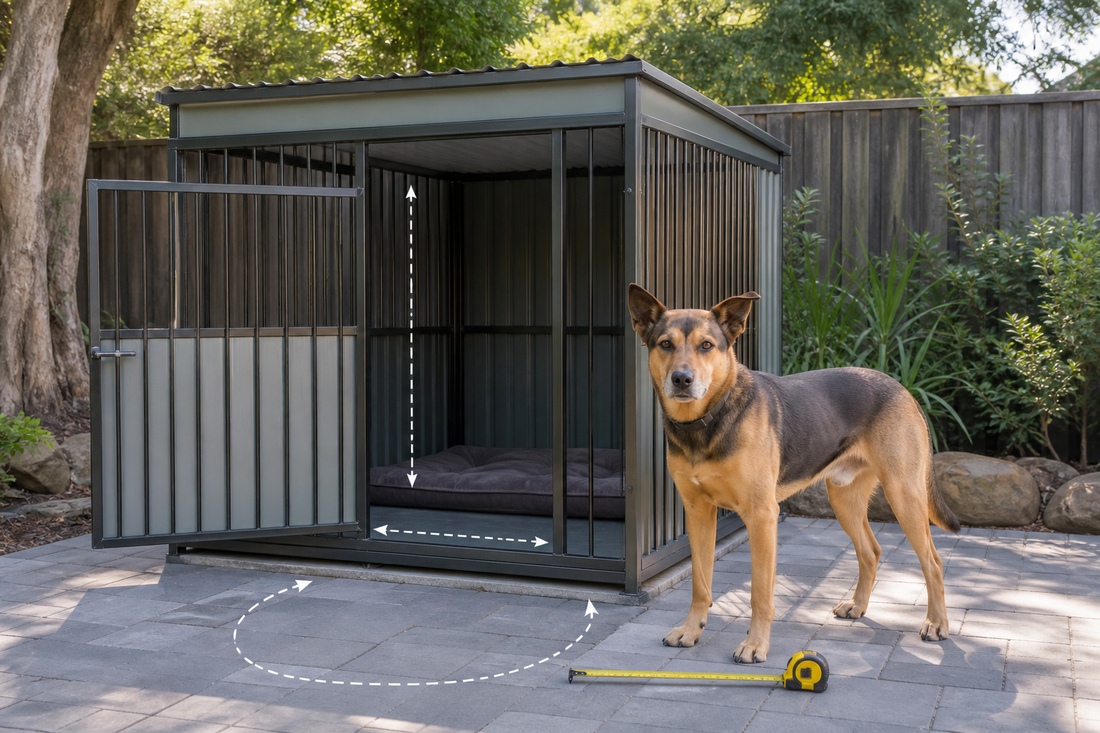 Dog standing beside an outdoor metal kennel with a measuring tape in a shaded Australian backyard