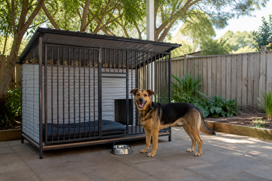 Dog beside a ventilated outdoor kennel with shade and water in an Australian backyard