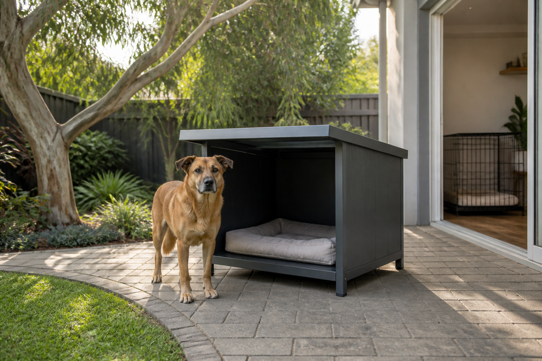 Dog beside an outdoor kennel in a shaded Australian backyard with an indoor wire crate visible behind