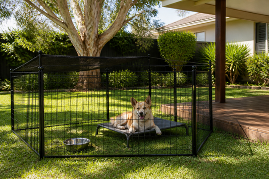Dog resting in a shaded black metal outdoor playpen with water in an Australian backyard