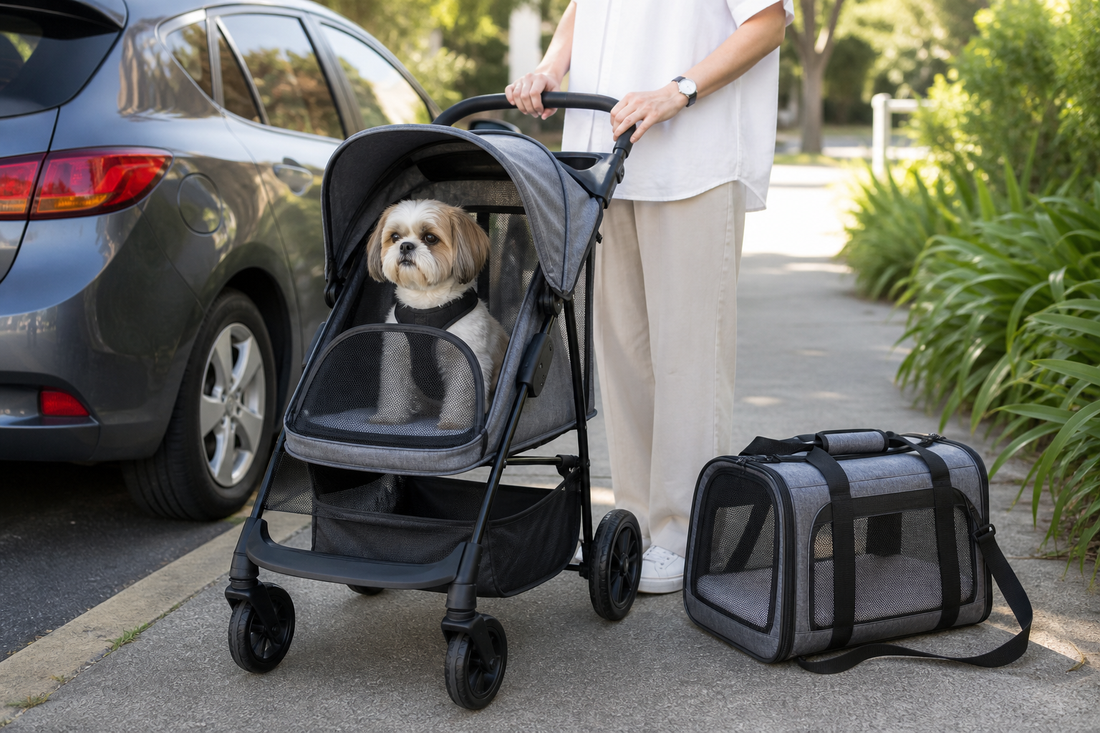 Small dog in a pet stroller beside a soft pet carrier on an Australian footpath