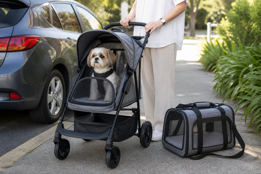 Small dog in a pet stroller beside a soft pet carrier on an Australian footpath
