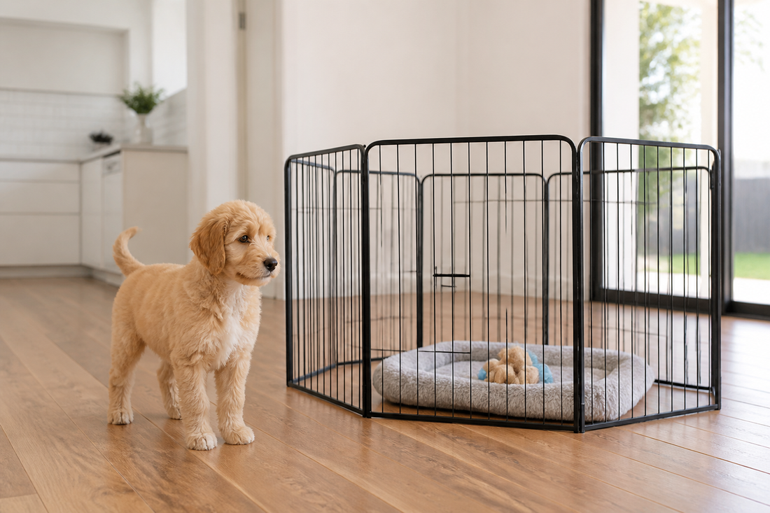 Puppy beside a secure black wire playpen with vertical panels in a bright Australian home
