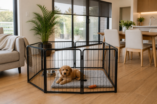 Puppy resting in a black playpen away from direct sun in a bright Australian open-plan home