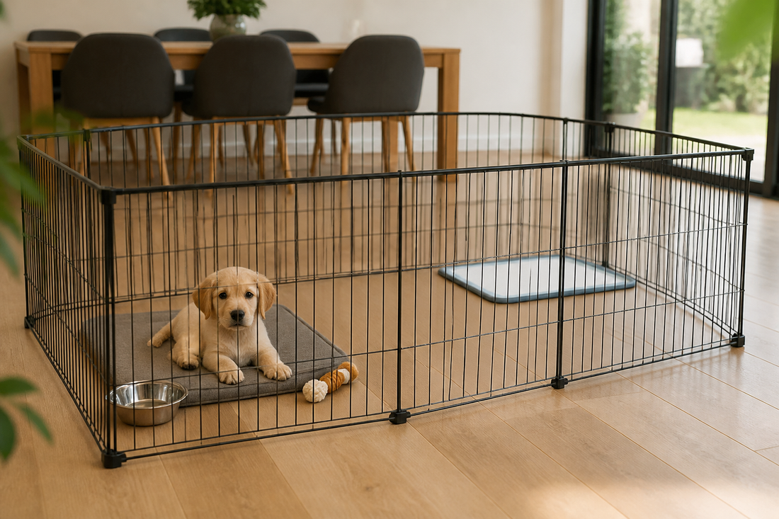 Puppy resting in a black playpen with a separate toilet tray in a bright Australian home