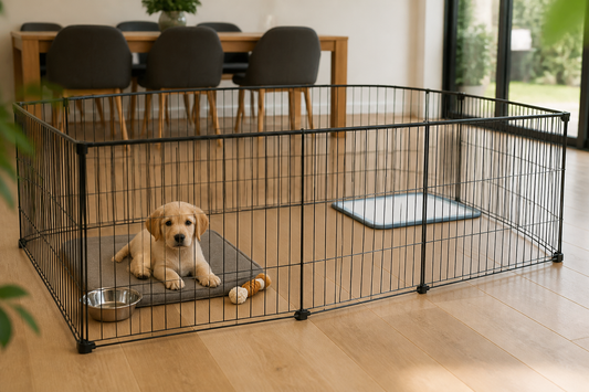 Puppy resting in a black playpen with a separate toilet tray in a bright Australian home