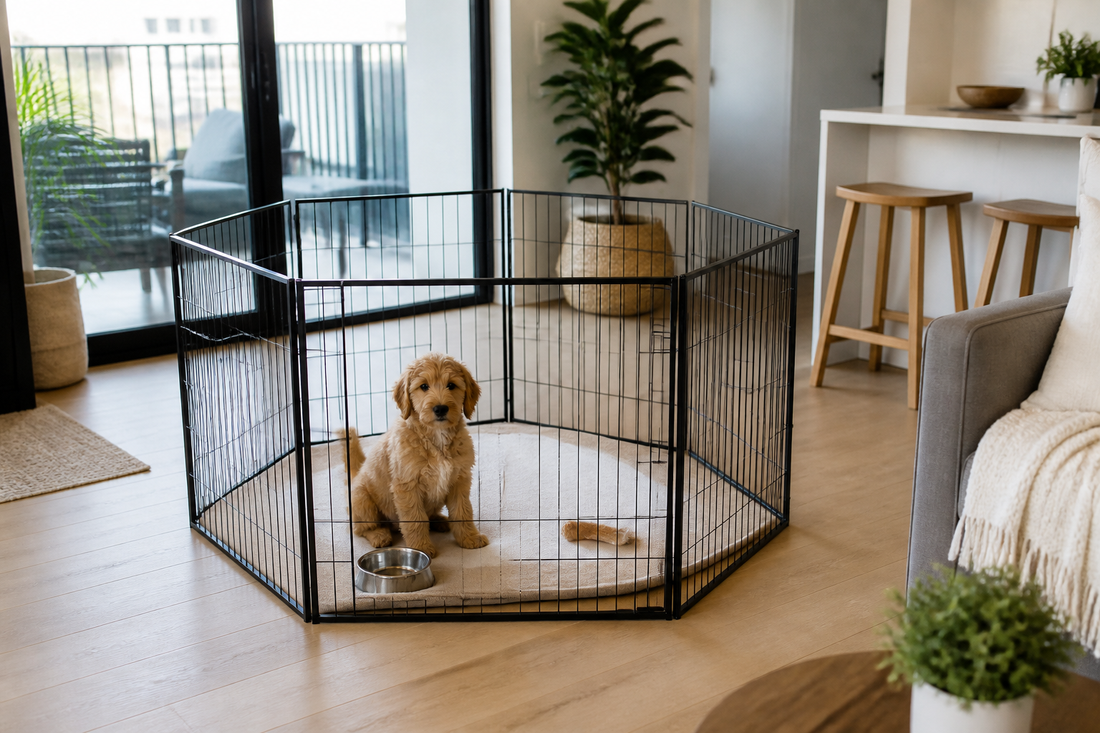 Puppy sitting calmly in a secure metal playpen in a bright Australian apartment