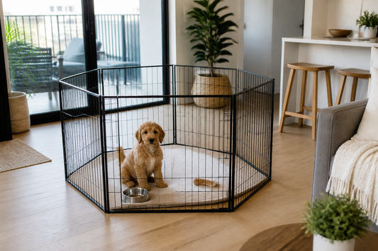 Puppy sitting calmly in a secure metal playpen in a bright Australian apartment