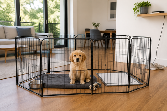 Puppy in a secure metal playpen with water, mat, toy and toilet pad in a bright Australian home