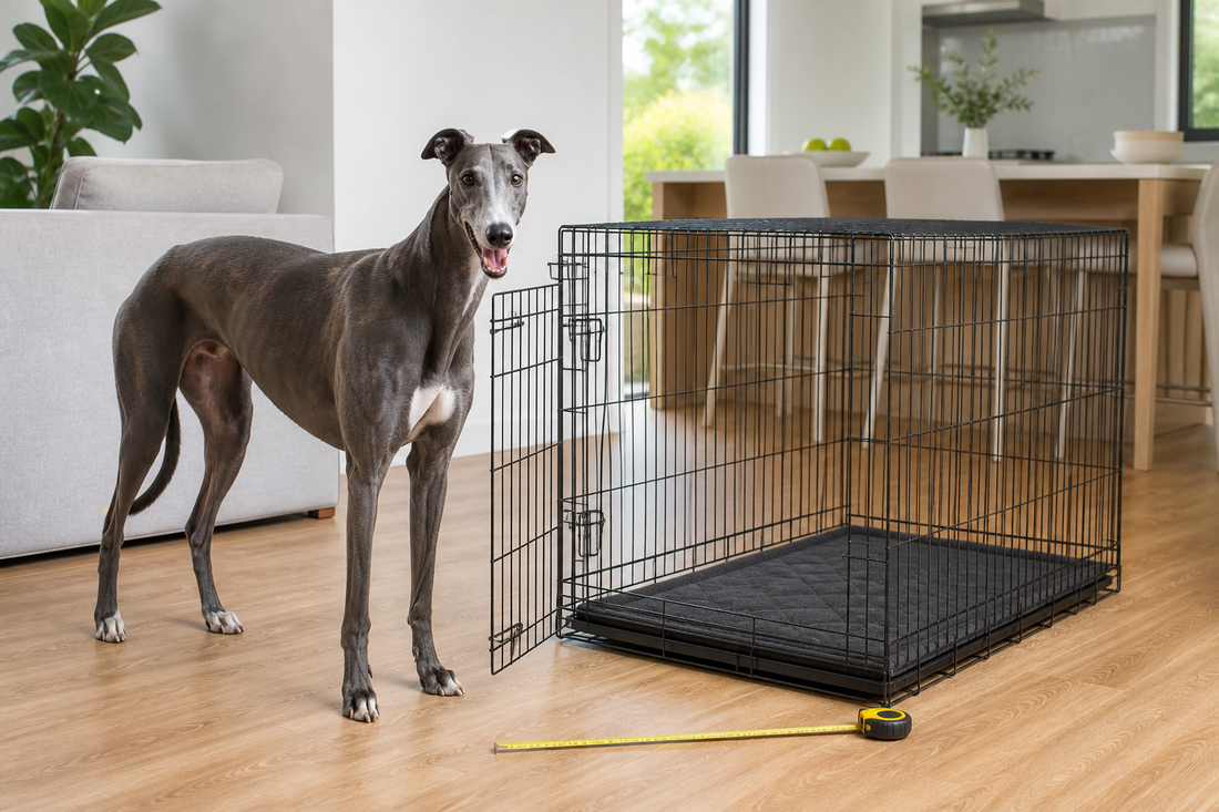 Greyhound beside a correctly sized open wire crate with a measuring tape in an Australian home