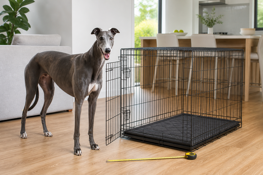 Greyhound beside a correctly sized open wire crate with a measuring tape in an Australian home