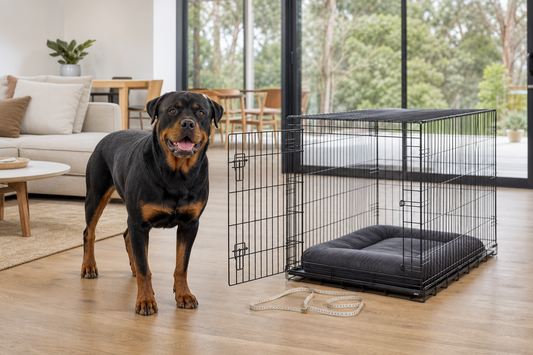 Large dog beside an open wire crate with a measuring tape in a bright Australian home