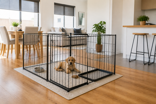 Puppy resting in a black playpen on a washable mat over timber flooring in a bright Australian home