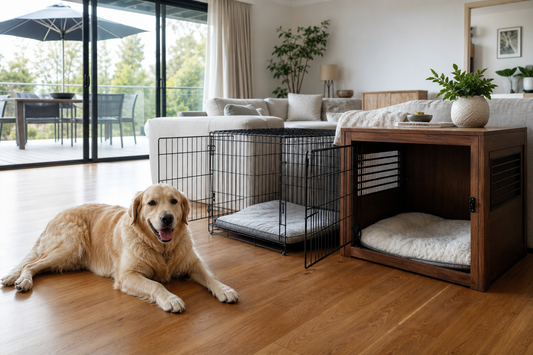 Large dog beside open wire and furniture-style dog crates in a bright Australian living room