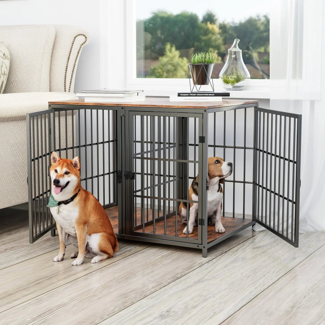 Heavy Duty Furniture Style Dog Crate Side Table with Four Doors and Divider - Indoor Kennel with Unlimited Combination Options for Puppies