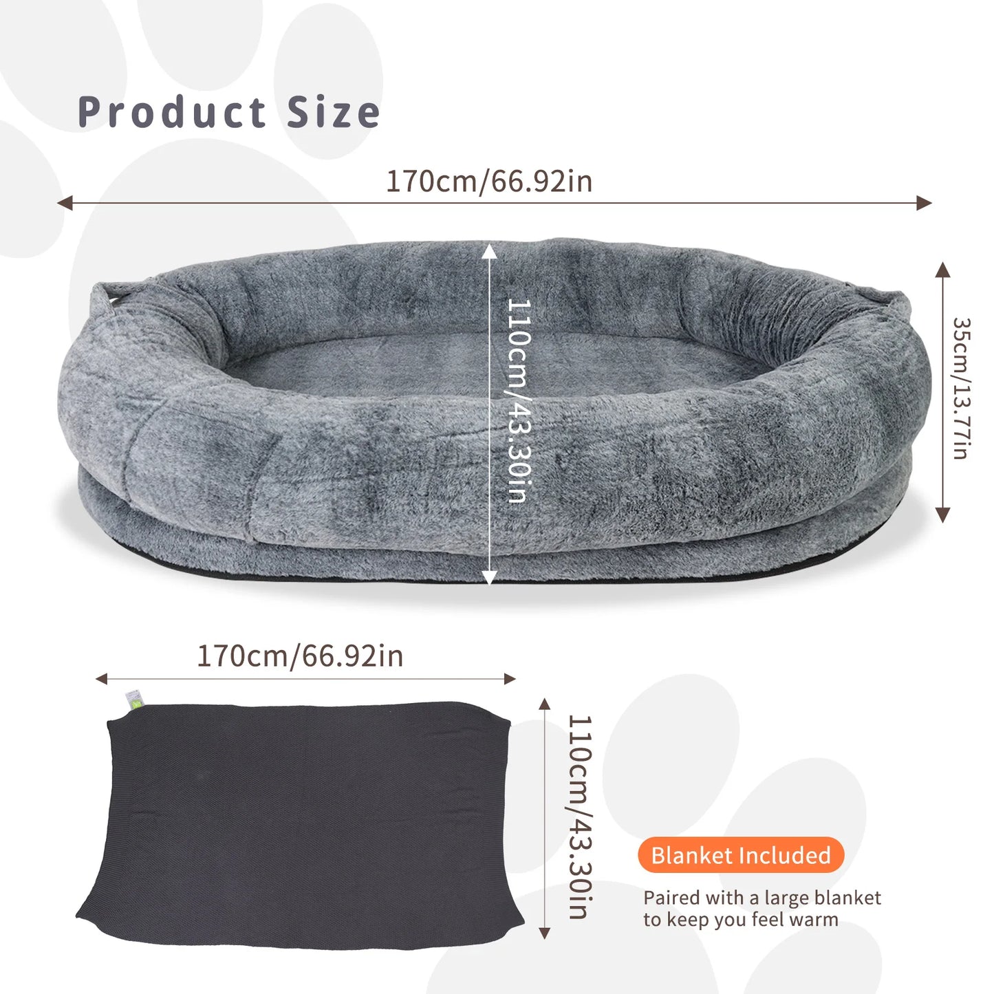 Human Size Dog Bed with Detachable Cover and Blanket - 170CM