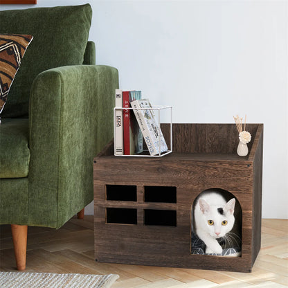 Wooden Cat Cave Bed with Cushion Pad - Indoor Kitten Sleep Lounge and Litter Box Furniture