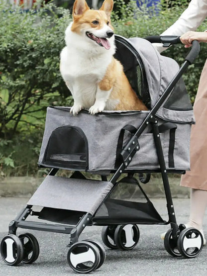 Large Pet Stroller and Dog Pram - 4-Wheel Carrier with Mesh Windows, Portable Outdoor Puppy Travel Walk Carrier, Holds Up to 30kg