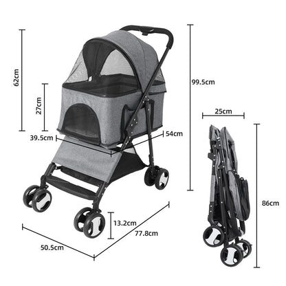 Large Pet Stroller and Dog Pram - 4-Wheel Carrier with Mesh Windows, Portable Outdoor Puppy Travel Walk Carrier, Holds Up to 30kg