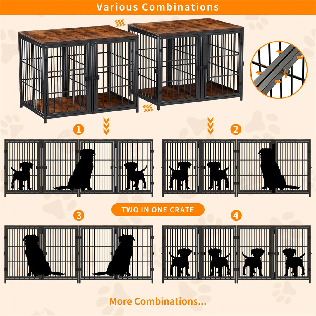 Heavy Duty Furniture Style Dog Crate Side Table with Four Doors and Divider - Indoor Kennel with Unlimited Combination Options for Puppies